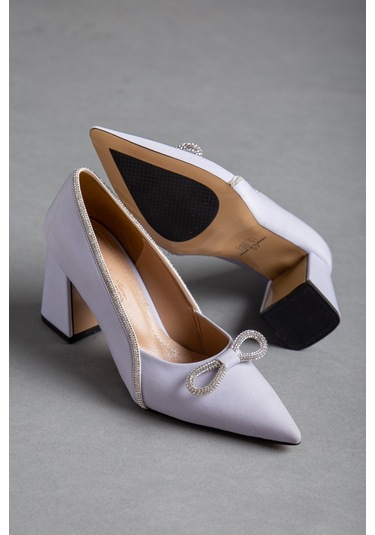 Saten Taşlı Kalın Topuk Gri Kadın Stiletto-2032-GRİ