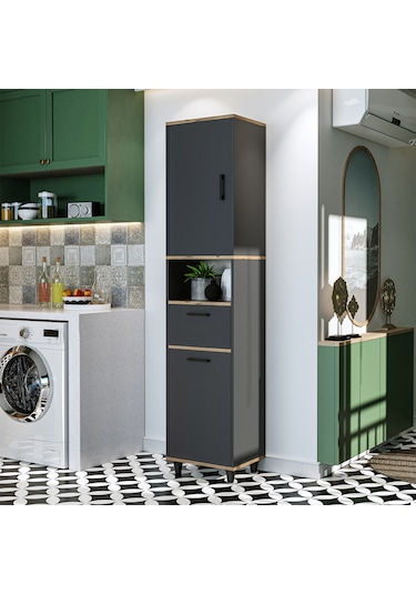 Çamaşır Sepetli Banyo Dolabı, Çok Amaçlı Dolap 45 X 200 Atlantik - Antrasit Çamaşır Sepetli Banyo Dolabı, Çok Amaçlı Dolap 45 X 200 Atlantik - Antrasit