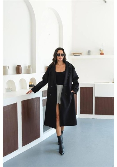 Neşeli Butik Kadın Omuz Detaylı Siyah Kaşe Kaban Nbmylk34 Siyah