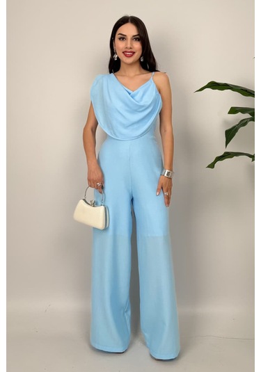 Élan Kadın Drapeli Detaylı Mavi Tulum Dokulu Kumaş Şıklığı Mavi