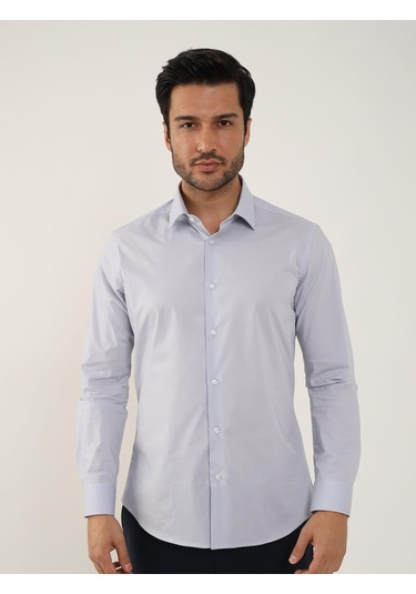 Açık Gri Erkek Slim Fit Düz Klasik Yaka Uzun Kol Gömlek - 88364 Açık Gri