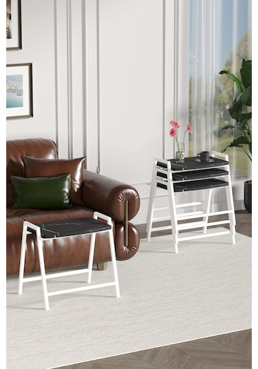 Zigon Sehpa , Aden 4'lü Tepsi Zigon Sehpa Takımı Beyaz Metal - Siyah Mermer Tabla Beyaz-siyah Mermer