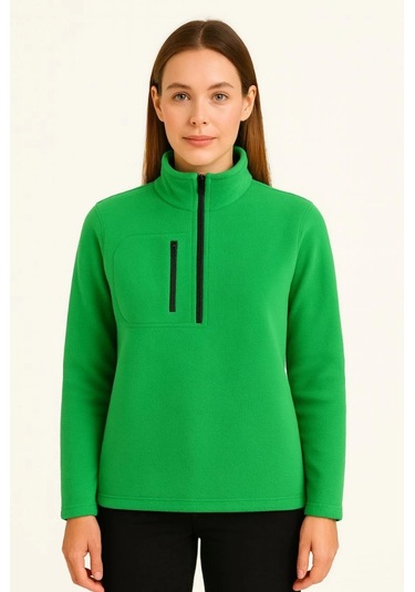 Polar Kazak Dik Yaka, Yarım Fermuarlı, Fermuarlı Göğüs Cepli, Siyah Biyeli, Kışlık Rahat Regular Fit Günlük Model - Yeşil Yeşil