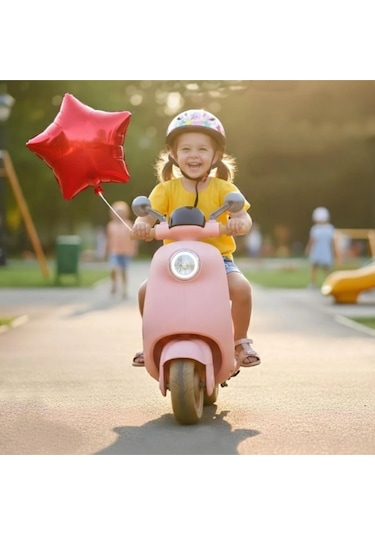 Pedallı Ve Ebeveyn Kumandalı Işıklı Çocuk Akülü Motoru - Mini Retro Scooter Pembe