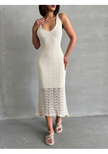Kadın Çizgili Askılı Ajurlu Yazlık Triko Elbise Krem
