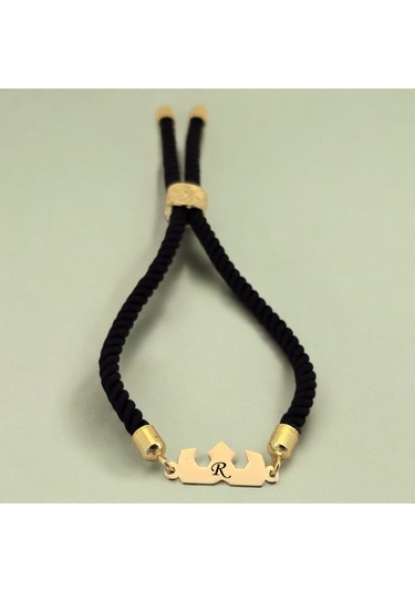 R Harfine Özel 14 Ayar Altın Plakalı Siyah İpek Örgülü Taç Figürlü Hediye Bileklik-507harf R