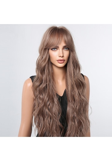 Cbtx Kadın Uzun Saç Peruk Kaküllü Degrade Kabarık Su Dalgalı Kıvırcık Saç Peruk, Renk: Koyu Kahverengi Lc1061-1