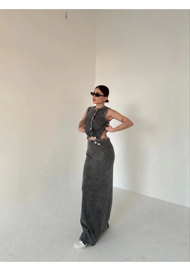 Uzun Etekli Önü Düğmeli Badi İkili Takım- Antrasit Antrasit