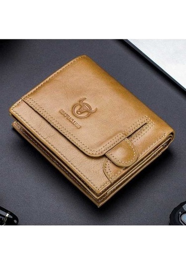 Createtech Boğa Kaptanı 037 İlk Katmanlı Erkek Deri Cüzdan - Sarı Kahverengi Kahverengi