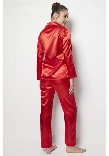 Faryanight Saten Uzun Kollu Düğmeli Gömlek Pijama Takımı Kırmızı