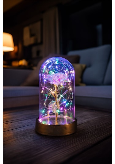 Anneler Gününe Özel Galaxy Rose Yapay Gül Fanus Lamba Usb'li Yapay Çiçek Hediyelik