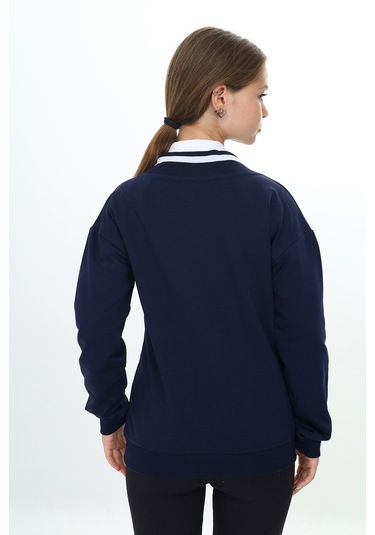 Toontoy Kız Çocuk Lacivert V Yaka Fermuarlı Tek Cepli Düşük Omuz Örme Okul Hırkası - 2 İplik Lacivert