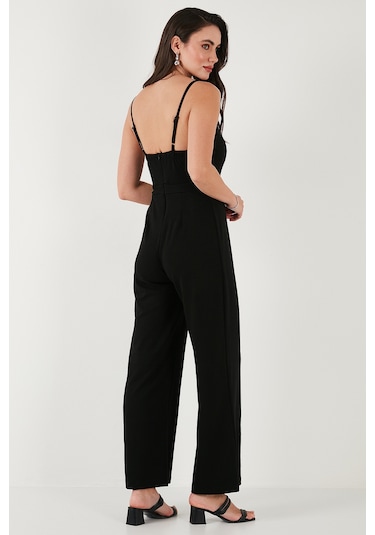 Lela Regular Fit Yuvarlak Yaka Askılı Bol Paça Bayan Tulum 5866147 Siyah