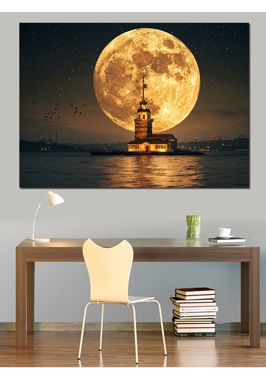 Dolunayda Kız Kulesi Manzarası Dekoratif Kanvas - Mdf Ahşap Tablo