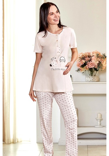 Lohusa Hamile Kısa Kol Pijama Takımı Nakış Detaylı Hastane Çıkışı Emzirme Düğmeli Flz 24-57