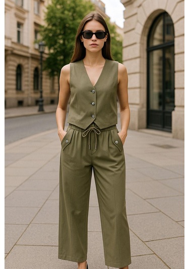 Keten Takım - Haki Yelek & Pantolon İkili Kombin - Modern Fit Yazlık Şık Takım Çok Renkli