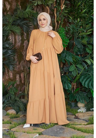 Neways 6614 Büzgülü Berlin Elbise Camel