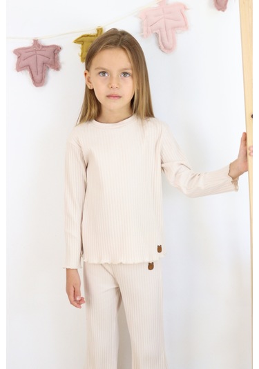 Kız Çocuk İspanyol Paça Fitilli Kumaş Pamuklu Takım Ekru