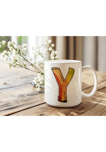 Y Harf Yaprak Renkleri İle Kupa Bardak - Kişiye Özel Alfabe Harfli Bardak - Hediye Beyaz