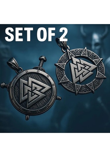 Viking Kolye Seti 2'li Valknut Sembollü Paslanmaz Çelik Erkek Kolye Gümüş