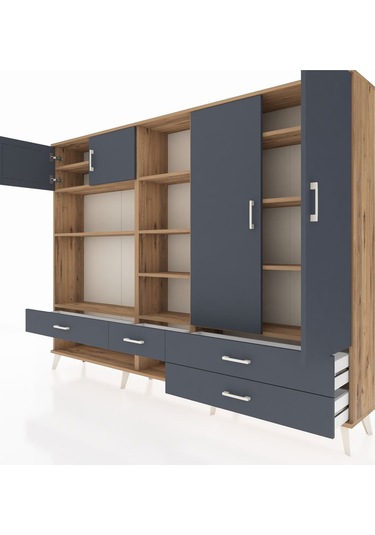 Arges Dolap 12 Raflı 4 Çekmeceli 4 Kapaklı 220x30x163 Çam-antrasi Çam-antrasit