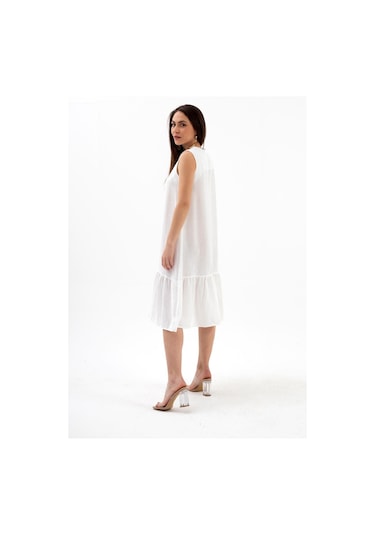 Kristal Keten Kolsuz Kadın Salaş Elbise - Ekru-ekru
