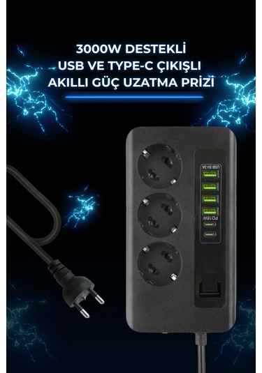 Pro P101 3x Priz 3000w Akım Korumalı 4x Usb 2x Type-c Girişli Çoklu Priz 0.2 M