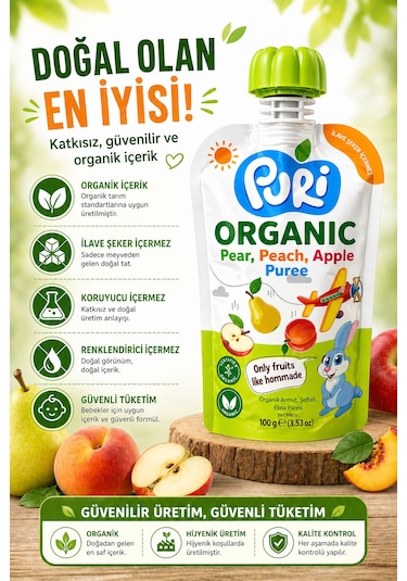 Organic %100 Organik Meyve Püresi Armut - Şeftali Elma 100 G İlave Şekersiz