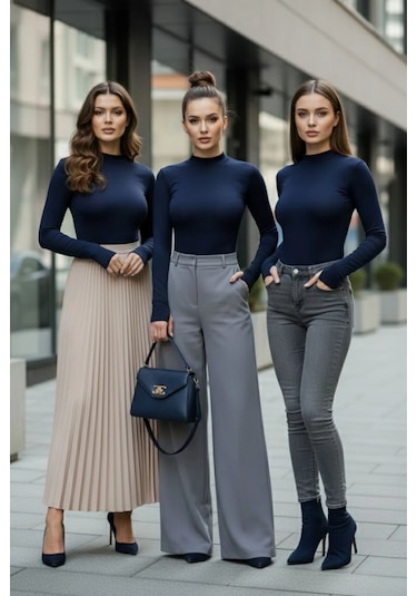 3 Lü Parmak Geçmeli Kadın Body Seti Lacivert