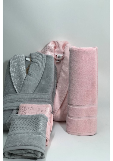 Camellia Aile Bornoz Seti Gri Pembe Gri - Pembe