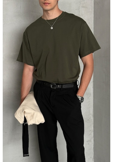 Hyman Erkek %100 Pamuk Oversize Basic T-shirt Yeşil