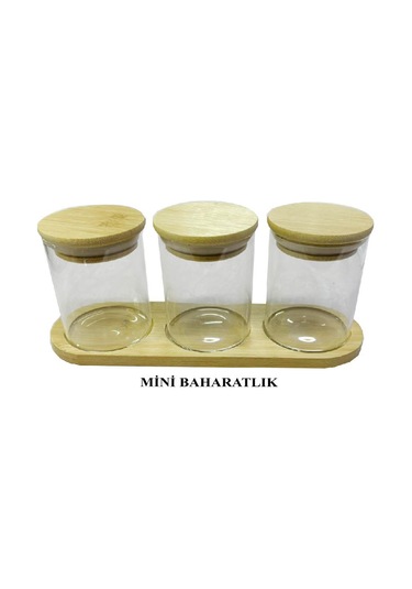 Bambu Standlı 3 Lü Mini Baharatlık Seti Vakum Kapaklı Kavanoz 7x6 Cm Stand 22x7 Cm Şeffaf