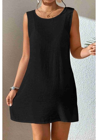 Angelsin Sırt Dekolteli Yırtmaçlı Pareo Plaj Elbisesi Siyah 001