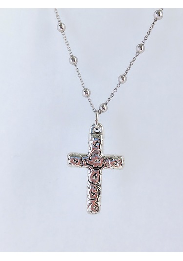 Top Zincirli Bombe İşlemeli Haç Tasarım Gümüş Erkek Kolye