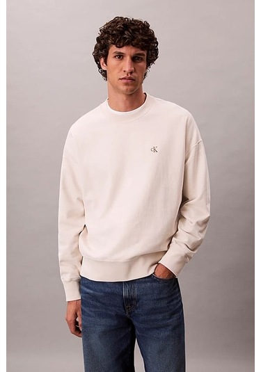 Erkek Rahat Kalıp Bisiklet Yaka Sweatshirt - Ekru Chalk