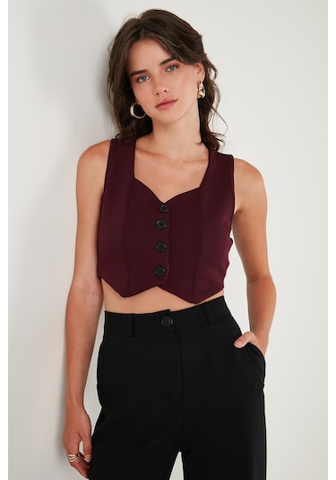 Lela Slim Fit Kalp Yaka Düğmeli Kalın Askılı Crop Bayan Yelek 5865497 Bordo