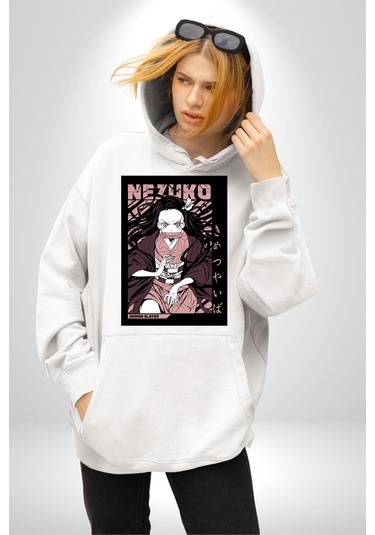 Nezuko Demon Slayer Kadın Erkek Beyaz Kapüşonlu Sweatshirt Hoodie Beyaz