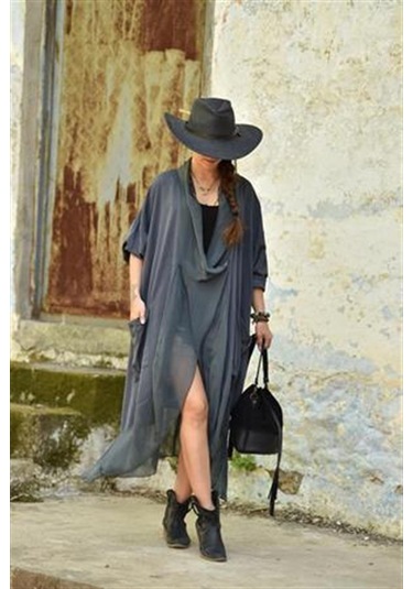 Italyan Ipek Detaylı Oversize Kaftan & Bluz-8711 Antrasit