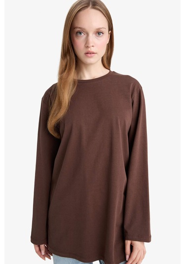 Defacto Regular Fit Bisiklet Yaka Uzun Kollu Tişört Tunik D4897ax25aubn341 Kahve