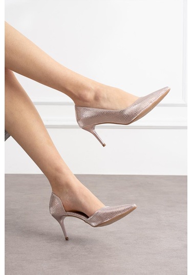 Shoetek Rva Kadın Stiletto İnce Topuklu Yandan Açık Yılan Desenli Roz Roz Rose