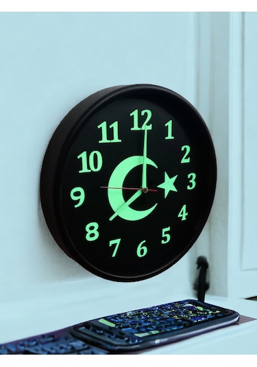 Fosforlu Gece Görünen Ayyıldız Duvar Saati Çap 28 Cm Cam Yok Siyah