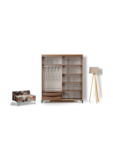Pasifichome Huga Sürgülü Gardırop Ceviz 160Cm / 2 Kapaklı Çekmeceli Dolap