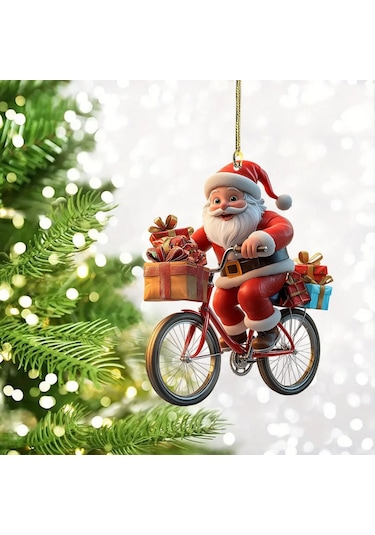 Geeksen Kahverengi Akrelik Noel Ağaç Dekorasyonu - Bisikletle Hediye Veren Noel Baba Figürü, Kolay Asma, Renk Tutarlı, Çok Amaçlı Kullanım