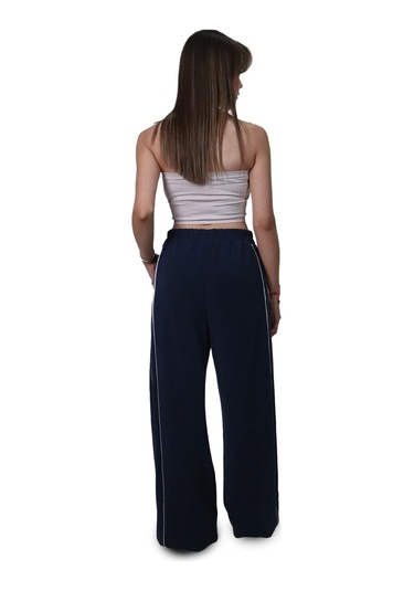 Kadın Modal Kumaş Kontrast Detaylı Lacivert Düz Kesim Pantolon Lacivert