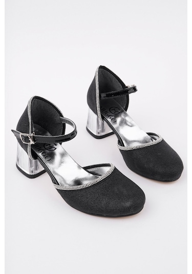 Muggo Else Bilekten Bağlamalı Simli Kız Çocuk Kısa Topuklu Ayakkabı Siyah