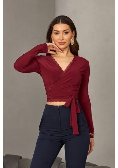 Kadın Dantel Detaylı Kruvaze Bağlamalı Crop Bluz Bordo