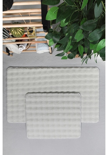 Modern Bubble Yıkanabilir Kaymaz Peluş Banyo Paspası Halısı 2'li Klozet Takımı 50x80-50x40cm Krem