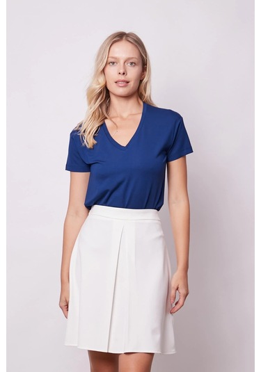 Kadın Yüksek Bel Hafif Likralı Kumaş Pilikaşeli Diz Boy Çan Etek-krem Krem