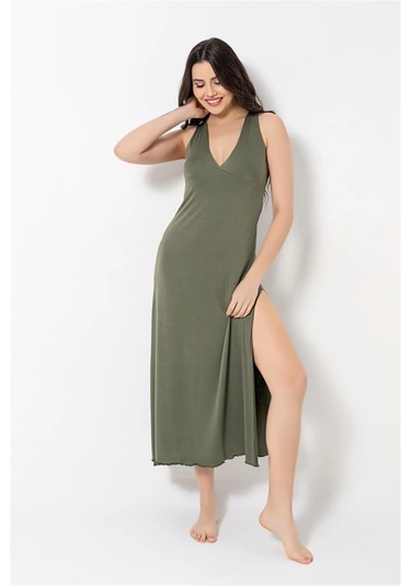 Monamise 18485 Kadın Kalın Askılı Göğüs Ve Sırt Dekoteli Brode Dantelli Yırtmaçlı Gecelik-haki Çok Renkli