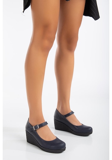 Baretli Suni Deri Lacivert Kadın Dolgu Taban Ayakkabı-3103-lacivert Lacivert